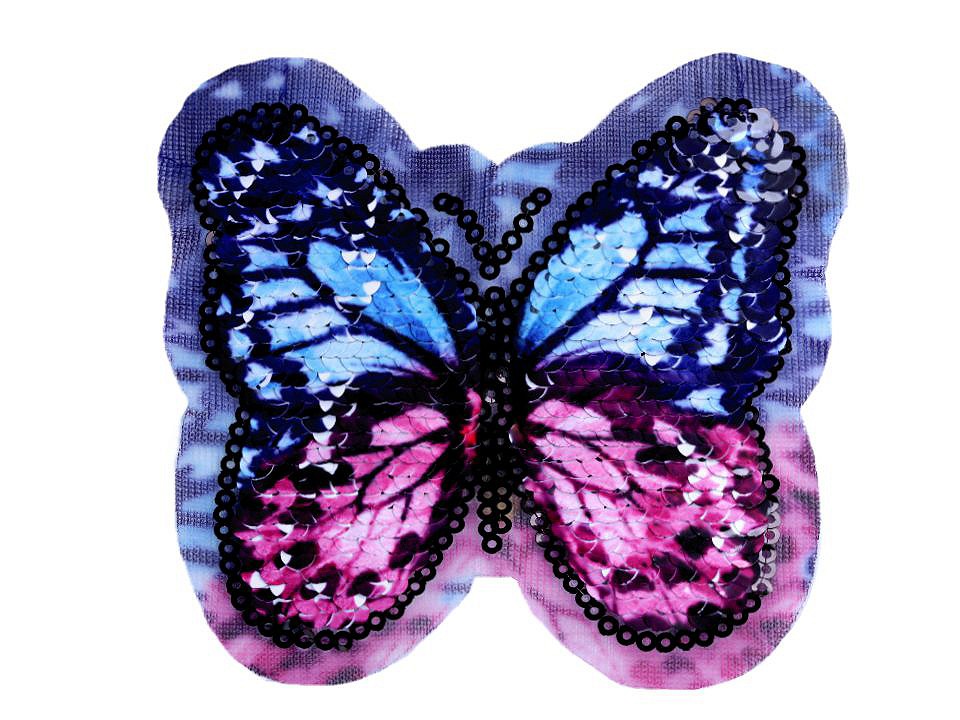 Aplikácia motýľ s obojstrannými flitrami - fialova/sv.modrá svetlá